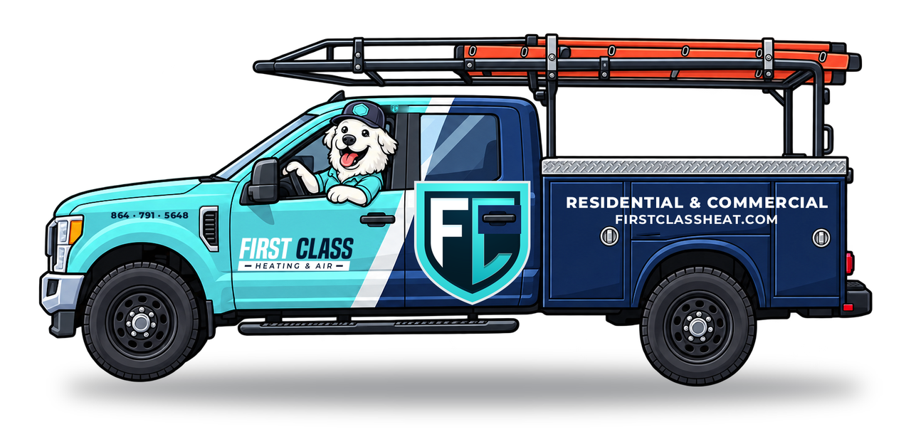 Archie the shop dog driving the First Class Heating & Air service truck