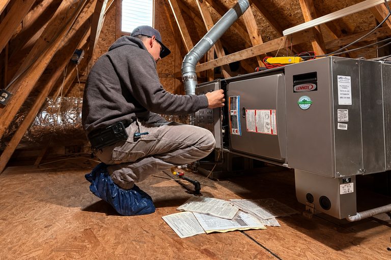 First Class Heating & Air technician performing furnace repair on a Lennox gas furnace in a Greenville, SC attic