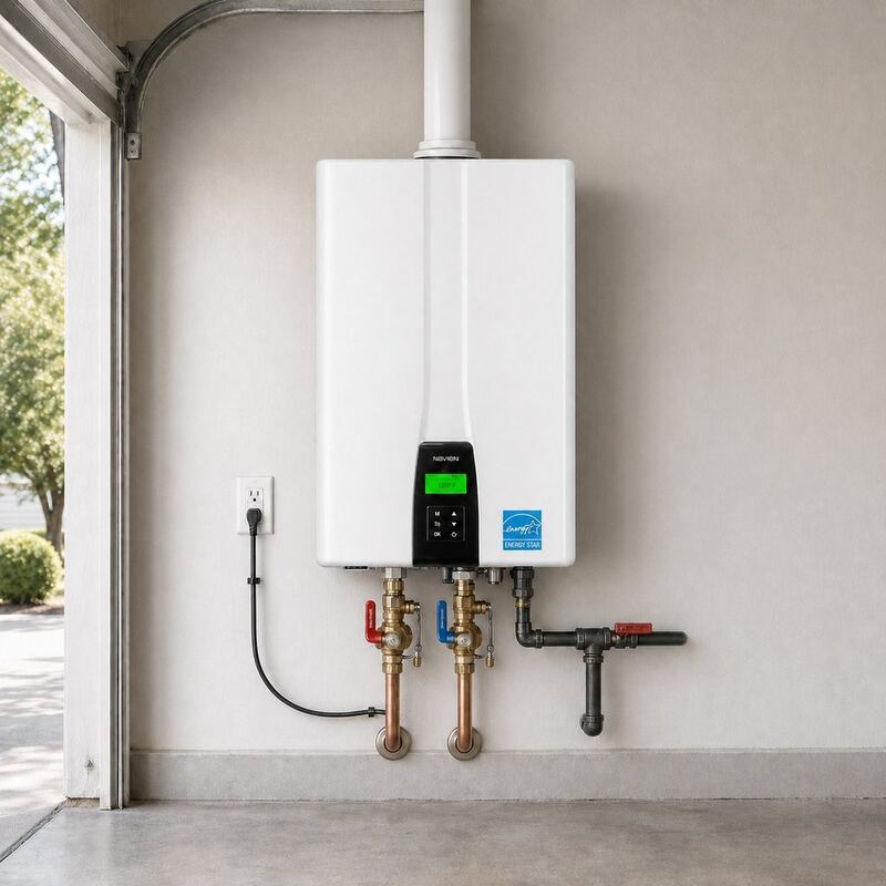 Navien Energy Star tankless water heater installed in a residential garage by First Class Heating & Air